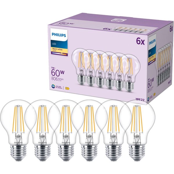 Philips LED-Leuchtmittel Classic 60W Non-Dim, E27, 6 St., Warmweiß