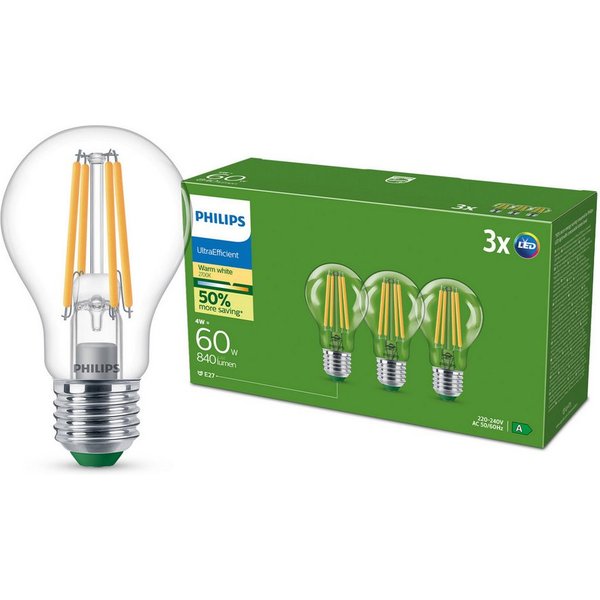Philips LED-Leuchtmittel Ultra Efficient 60W A60 2700K, E27, 3 St., Warmweiß