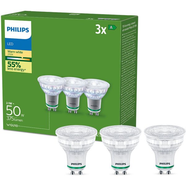 Philips LED-Leuchtmittel UltraEfficient 50W, GU10, 3 St., Warmweiß, 2700 K, 3er Set, warmweiß, 375 Lumen, EyeComfort