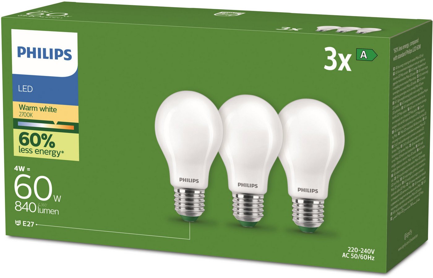 Philips LED-Leuchtmittel UltraEfficient 60W 2700K, E27, 3 St., Warmweiß – Bild 3 von 5