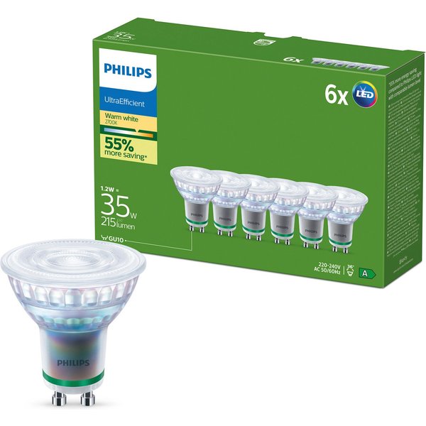 Philips LED-Leuchtmittel Ultraeffiziente LED GU10 Spots, 6er-Pack, 35 W, Warmweiß, GU10, 6 St., Warmweiß, flimmerfrei, EyeComfort, lange Lebensdauer
