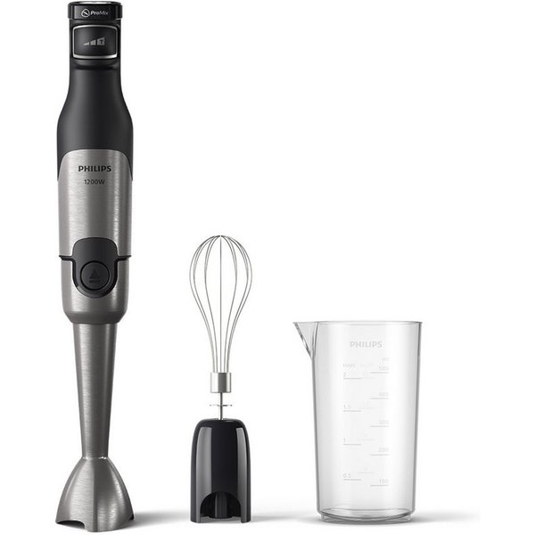 Philips Stabmixer HR2682/00 5000 Series, mit ProMix-Technologie, 1200 W, Becher und Schneebesenaufsatz, Edelstahl/Schwarz