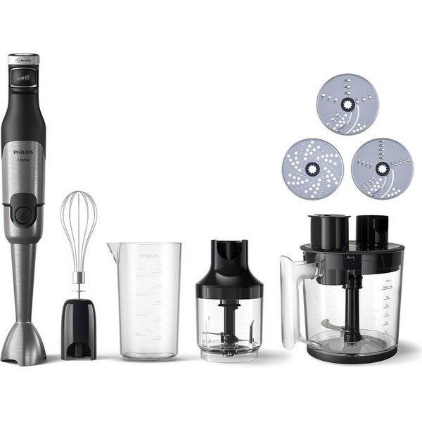 Philips Stabmixer HR2685/00 5000 Series, mit ProMix-Technologie, Becher, 1200 W, Schneebesen, Foodprozessoraufsatz und Zerkleinerer, Edelstahl/Schwarz