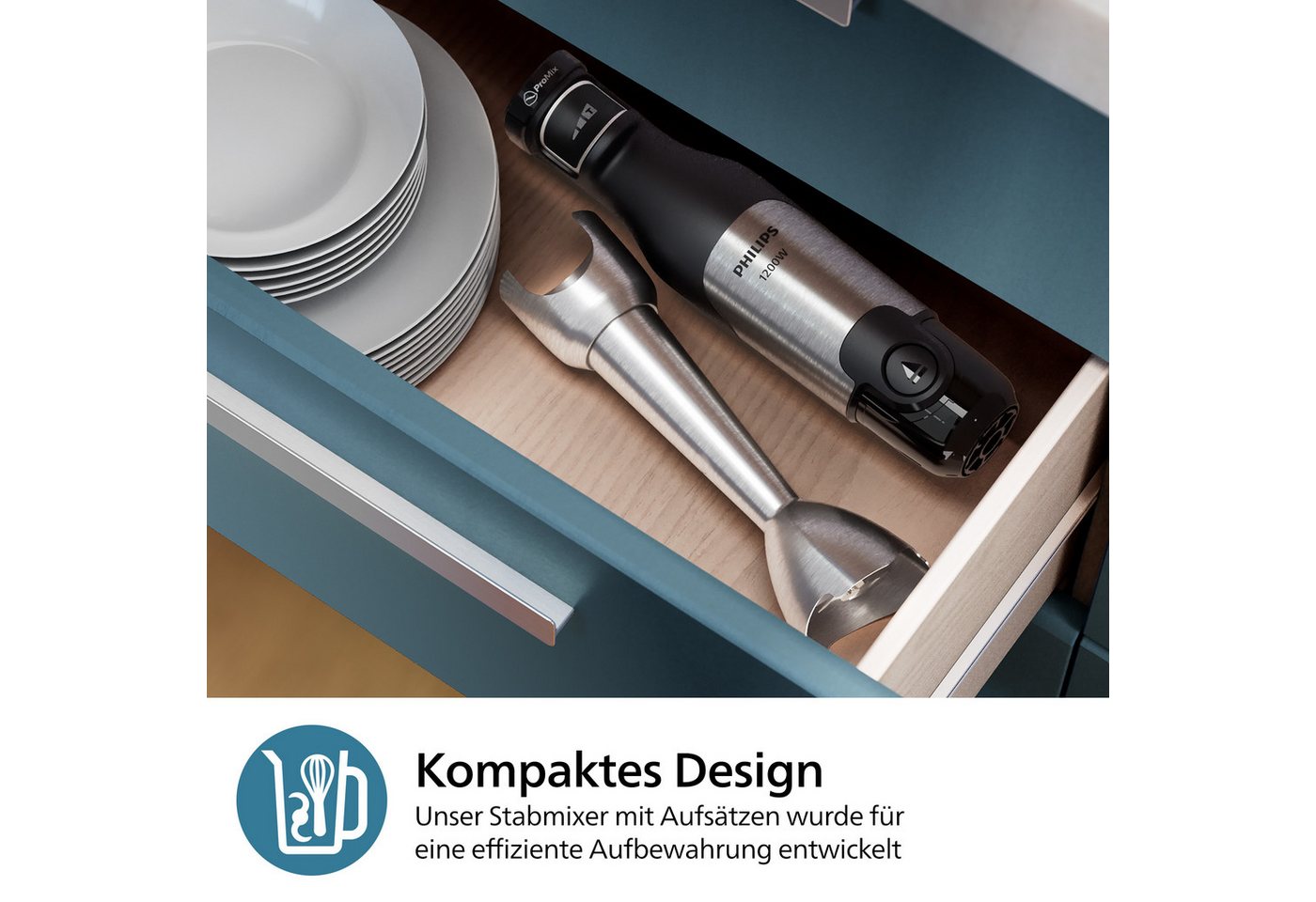 Philips Stabmixer HR2685/00 5000 Series, mit ProMix-Technologie, Becher, 1200 W, Schneebesen, Foodprozessoraufsatz und Zerkleinerer, Edelstahl/Schwarz – Bild 3 von 5