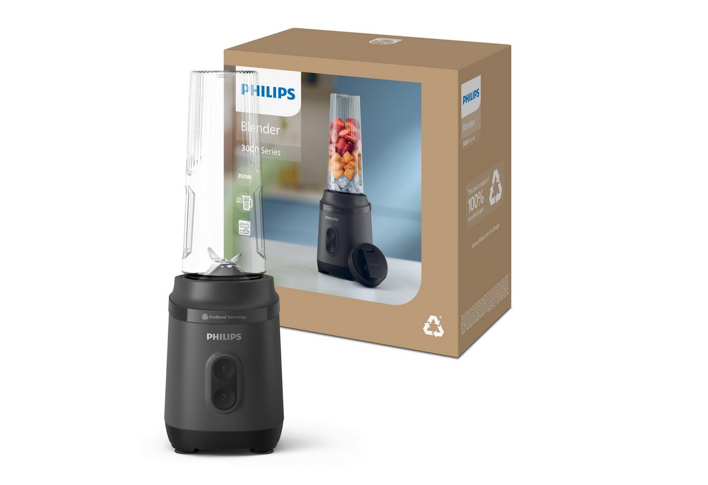 Philips Standmixer HR2760/00 mit ProBlend-Technologie, 350 W, Blend & Go-Trinkbecher, 2 Geschwindigkeitsstufen, Schwarz – Bild 2 von 5