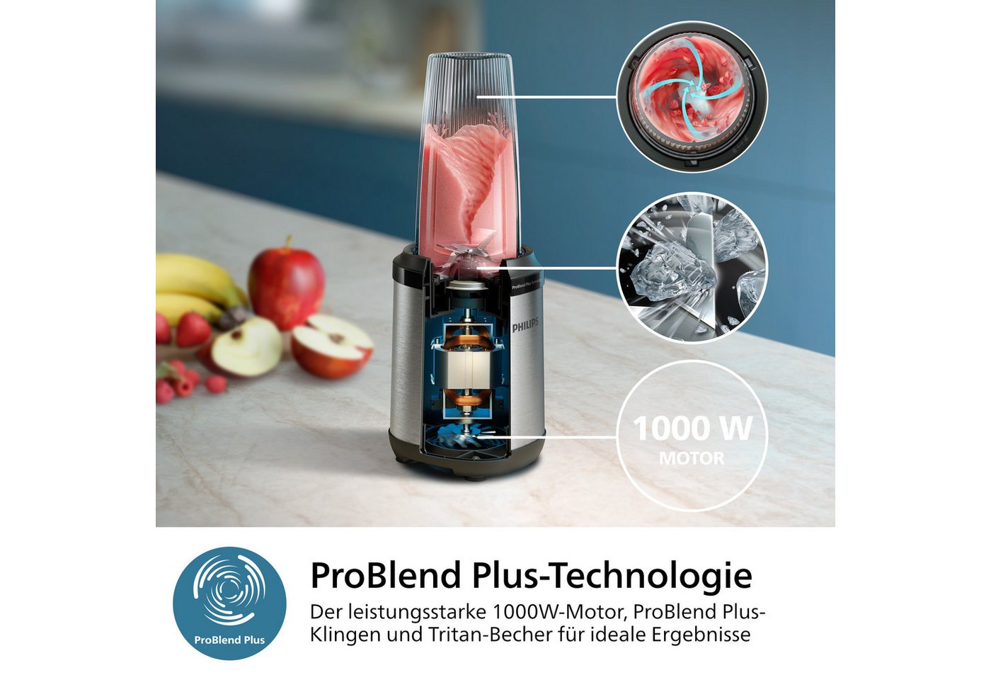 Philips Standmixer HR2767/00 5000 Series, mit ProBlend Plus-Technologie, 1000 W, 3 Becher (700, 500, 300 ml), kompaktes Design, Schwarz/Edelstahl – Bild 2 von 5