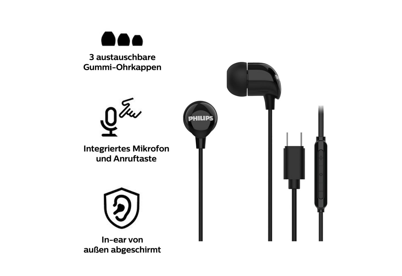 Philips TAE2146BK In-Ear-Kopfhörer (Clear Sound, Dynamische Bässe, Integriertes Mikrofon, USB-C, Schwarz) – Bild 2 von 5