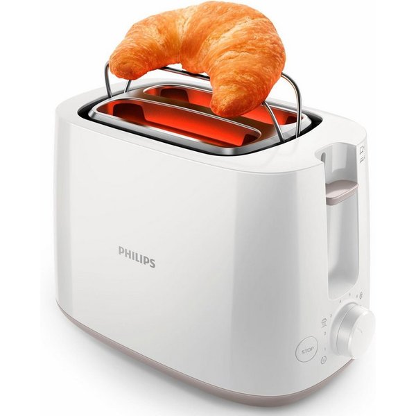 Philips Toaster HD2581/00, 2 kurze Schlitze, 830 W, integrierter Brötchenaufsatz, weiss