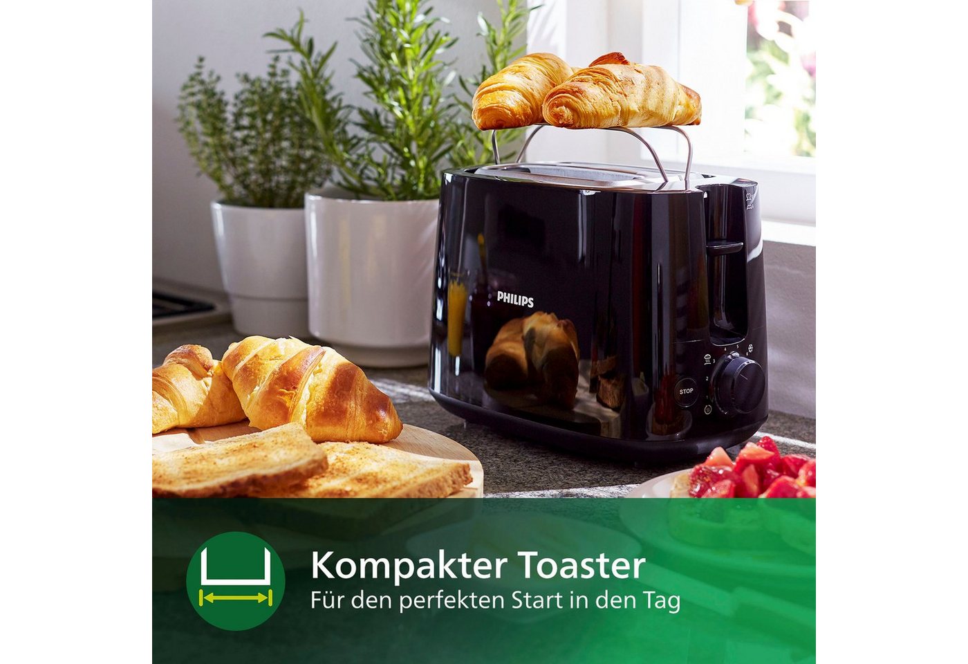 Philips Toaster HD2581/90 Daily Collection, 2 kurze Schlitze, für 2 Scheiben, 830 W, Brötchenaufsatz, Krümelschublade, 8 Bräunungsstufen, Schwarz – Bild 3 von 5