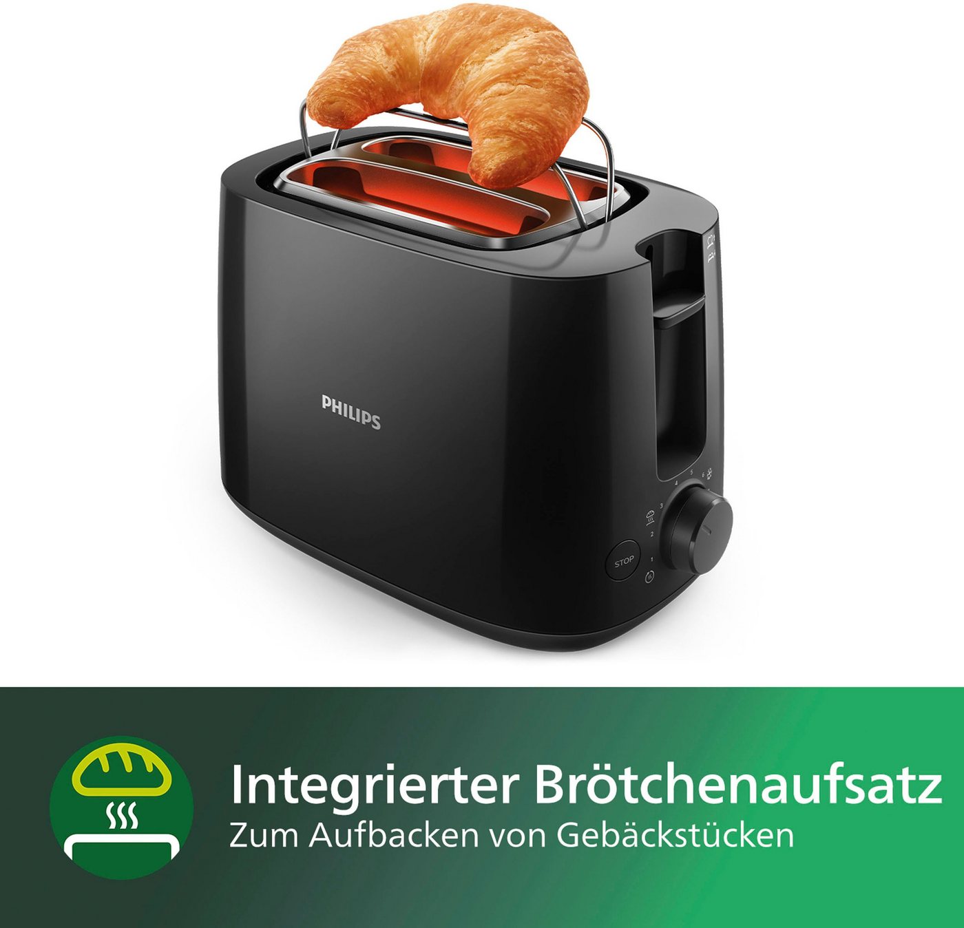 Philips Toaster HD2581/90 Daily Collection, 2 kurze Schlitze, für 2 Scheiben, 830 W, Brötchenaufsatz, Krümelschublade, 8 Bräunungsstufen, Schwarz – Bild 4 von 5