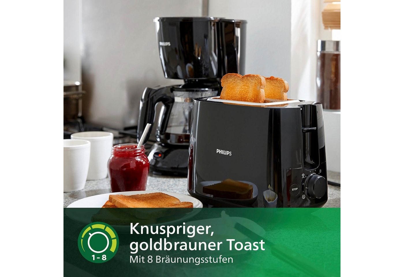 Philips Toaster HD2581/90 Daily Collection, 2 kurze Schlitze, für 2 Scheiben, 830 W, Brötchenaufsatz, Krümelschublade, 8 Bräunungsstufen, Schwarz – Bild 5 von 5