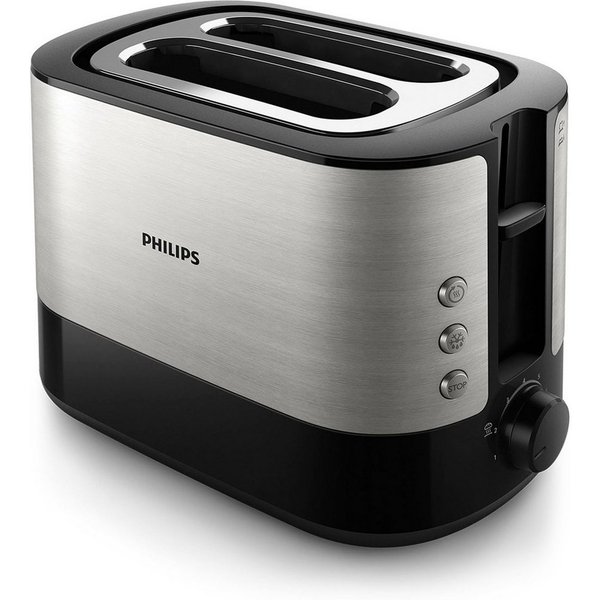 Philips Toaster HD2637/90 Viva Collection, 2 kurze Schlitze, für 2 Scheiben, 950 W, Brötchenaufsatz, Krümelschublade, 7 Bräunungsstufen, Silber