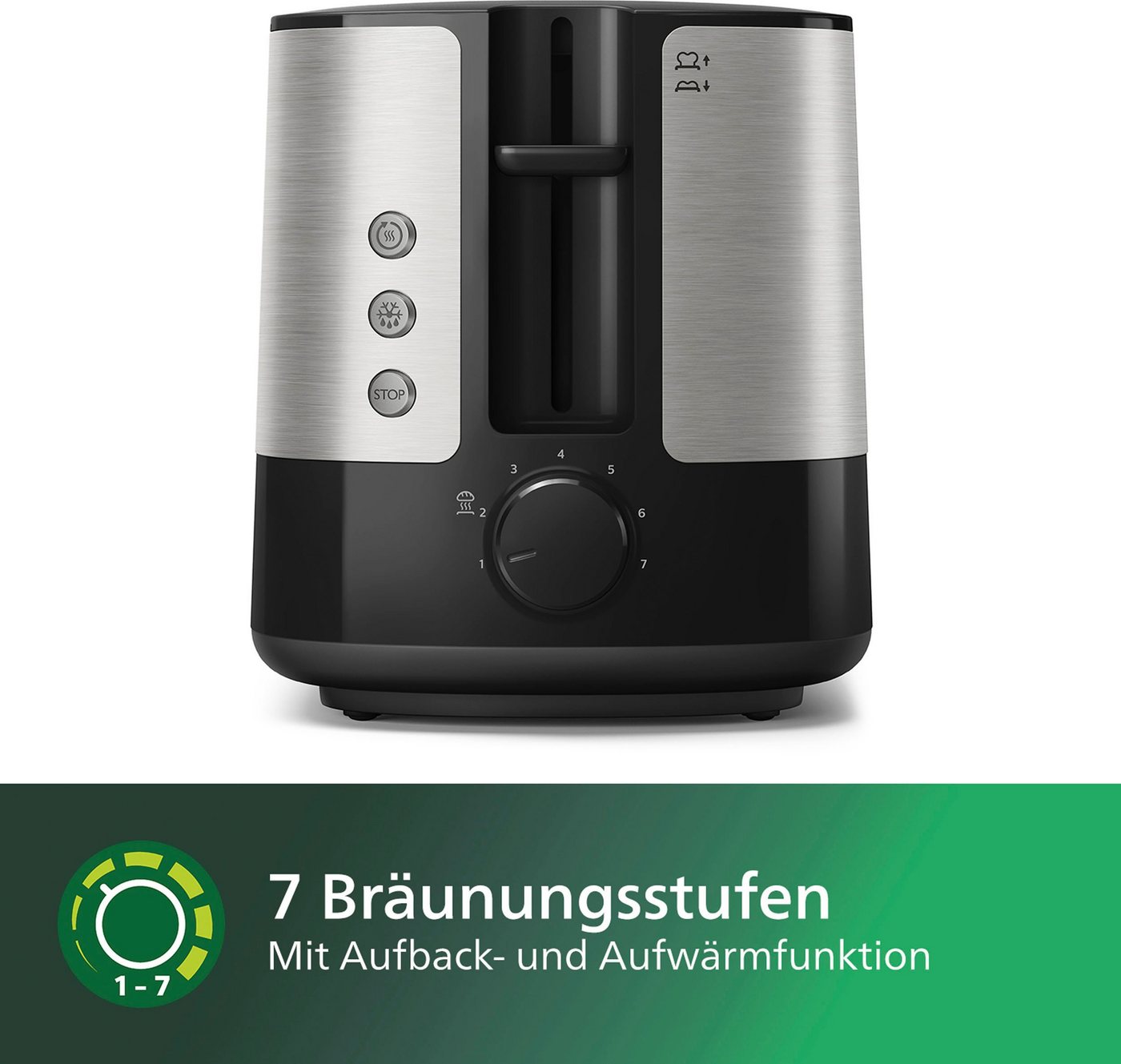 Philips Toaster HD2637/90 Viva Collection, 2 kurze Schlitze, für 2 Scheiben, 950 W, Brötchenaufsatz, Krümelschublade, 7 Bräunungsstufen, Silber – Bild 4 von 5