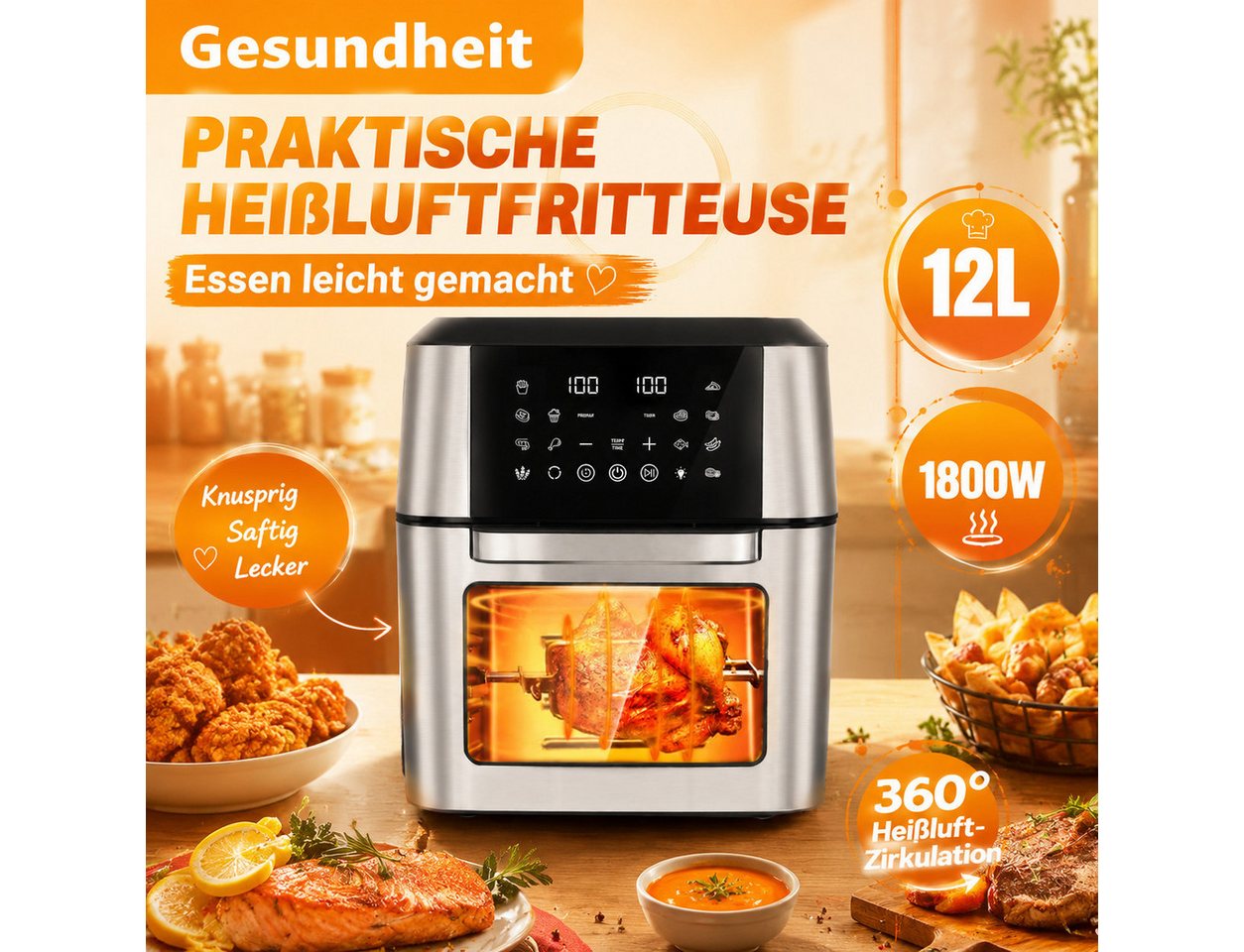 PHILODECO Heißluftfritteuse Mini-Backofen 12L, 1800W, 12 Programme, Sichtfenster, Innenbeleuchtung, 1800 W, Innenbeleuchtung, Timer, 7 Anhänge – Bild 2 von 5