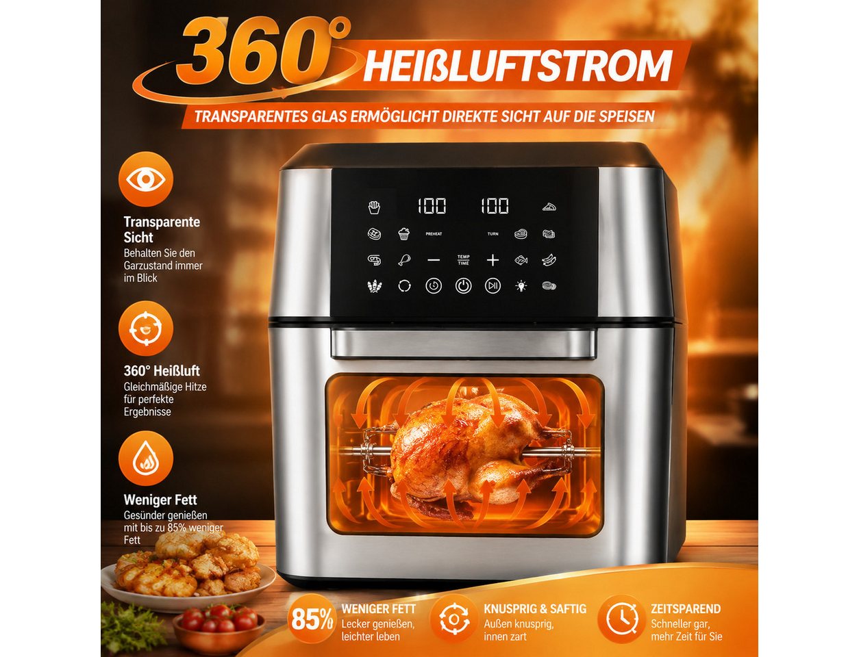 PHILODECO Heißluftfritteuse Mini-Backofen 12L, 1800W, 12 Programme, Sichtfenster, Innenbeleuchtung, 1800 W, Innenbeleuchtung, Timer, 7 Anhänge – Bild 4 von 5