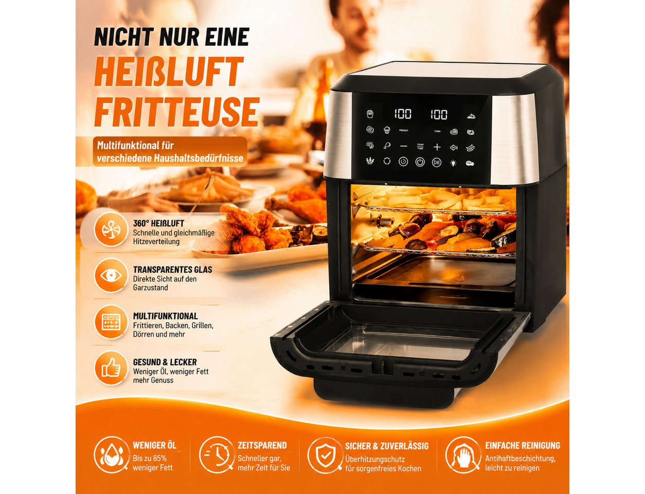 PHILODECO Heißluftfritteuse Mini-Backofen 12L, 1800W, 12 Programme, Sichtfenster, Innenbeleuchtung, 1800 W, Innenbeleuchtung, Timer, 7 Anhänge – Bild 5 von 5