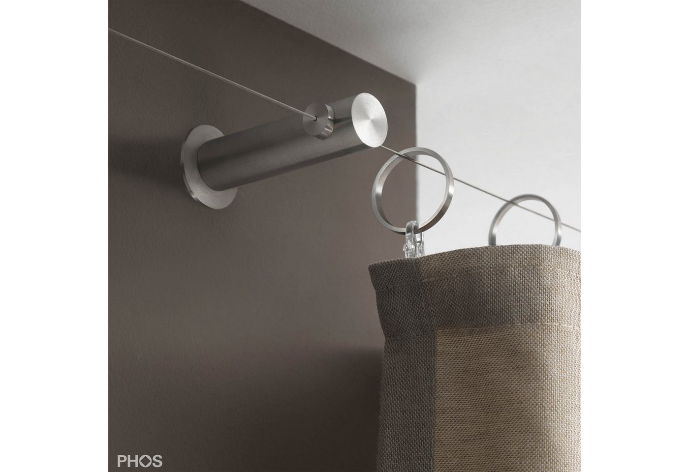 PHOS Design Seilspanngarnitur : Axiales Seilspannsystem aus Edelstahl, für Gardinen und Vorhänge, (SSA18Set5ST80), mit Wand zu Wand Montage und Seilzwischenträg – Bild 3 von 5