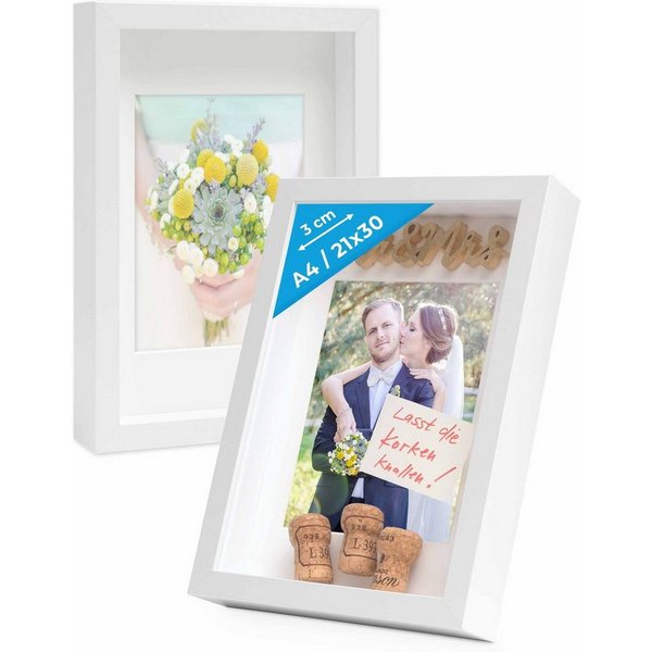 PHOTOLINI Bilderrahmen 2er Set 3D-Objektrahmen tief zum Befüllen mit Glasscheibe, für 2 Bilder (2er Set), tiefe Rahmen A4 21x30 cm mit Passepartout für Objekte 