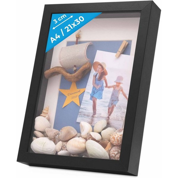 PHOTOLINI Bilderrahmen 3D-Objektrahmen tief zum Befüllen mit Glasscheibe, für 1 Bilder (1 Einzelrahmen), tiefer Rahmen A4 21x30 cm mit Passepartout für Objekte 