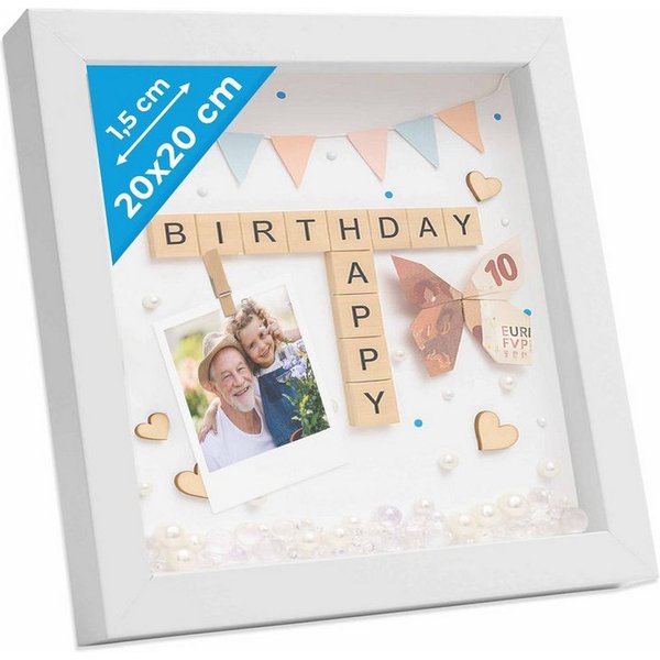PHOTOLINI Bilderrahmen 3D-Objektrahmen zum Befüllen mit Passepartout und Glasscheibe, für 1 Bilder (1 Einzelrahmen), Rahmen 20x20 cm für Objekte bis 1,5 cm Tief