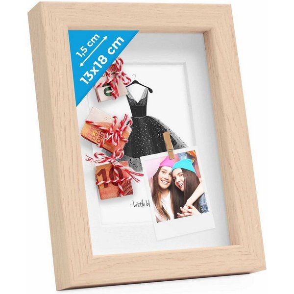 PHOTOLINI Bilderrahmen 3D-Objektrahmen zum Befüllen mit Passepartout und Glasscheibe, für 1 Bilder (1 Einzelrahmen), Rahmen 13x18 cm für Objekte bis 1,5 cm Tief