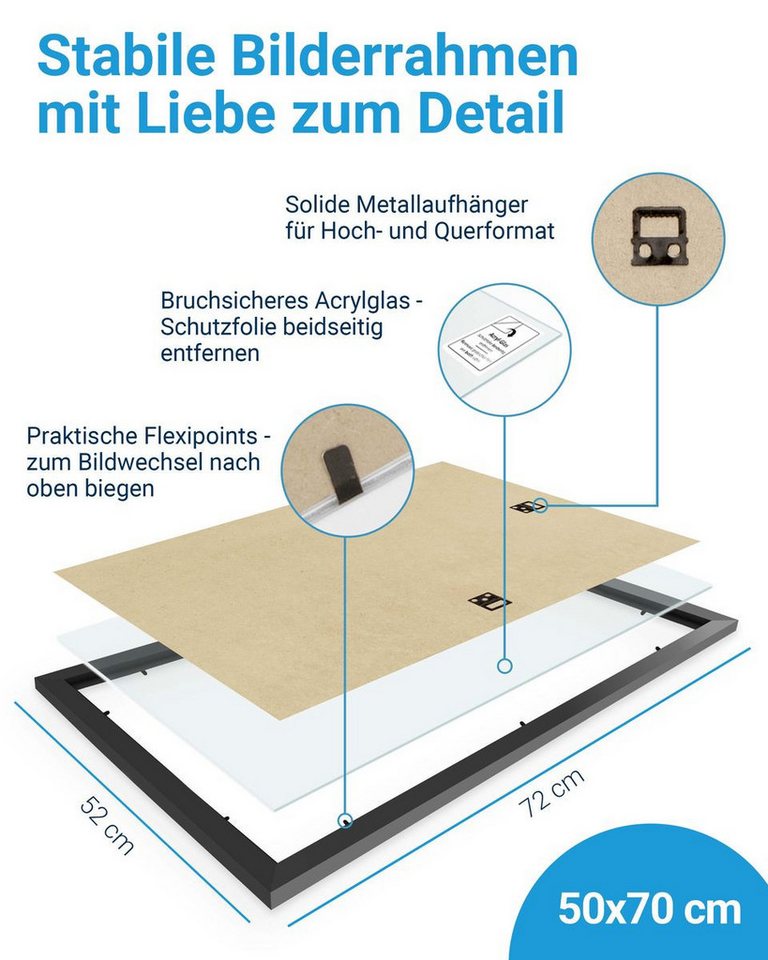 PHOTOLINI Bilderrahmen 3er Set modern mit bruchsicherem Acrylglas, Holz MDF, Fotos & Poster, für 3 Bilder (3er Set), Posterrahmen 50x70 cm zum Aufhängen – Bild 3 von 5