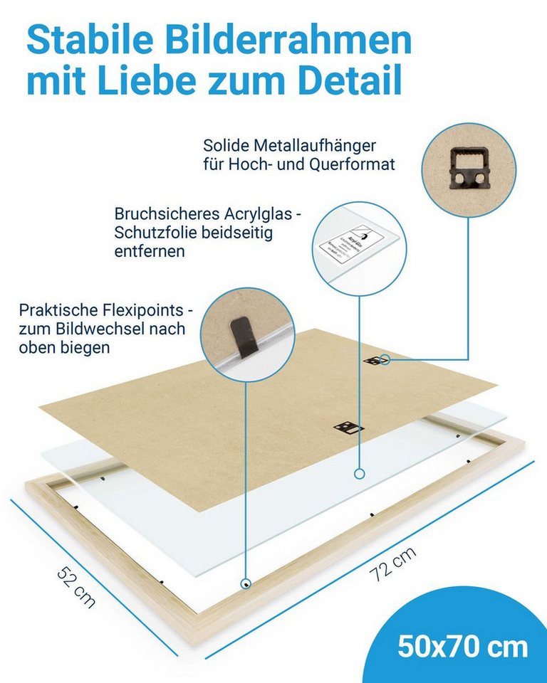 PHOTOLINI Bilderrahmen 3er Set modern mit bruchsicherem Acrylglas, Holz MDF, Fotos & Poster, für 3 Bilder (3er Set), Posterrahmen 50x70 cm zum Aufhängen – Bild 3 von 5