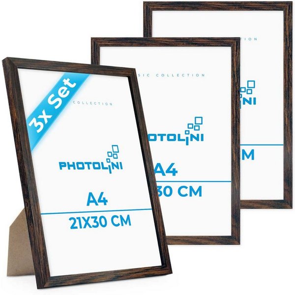 PHOTOLINI Bilderrahmen 3er Set modern mit bruchsicherem Acrylglas, Holz MDF, Fotos & Poster, für 3 Bilder (3er Set), Posterrahmen A4 21x30 cm zum Aufhängen & Au