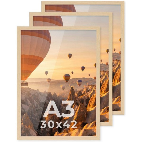 PHOTOLINI Bilderrahmen 3er Set modern mit bruchsicherem Acrylglas, Holz MDF, Fotos & Poster, für 3 Bilder (3er Set), Posterrahmen A3 30x42 cm zum Aufhängen