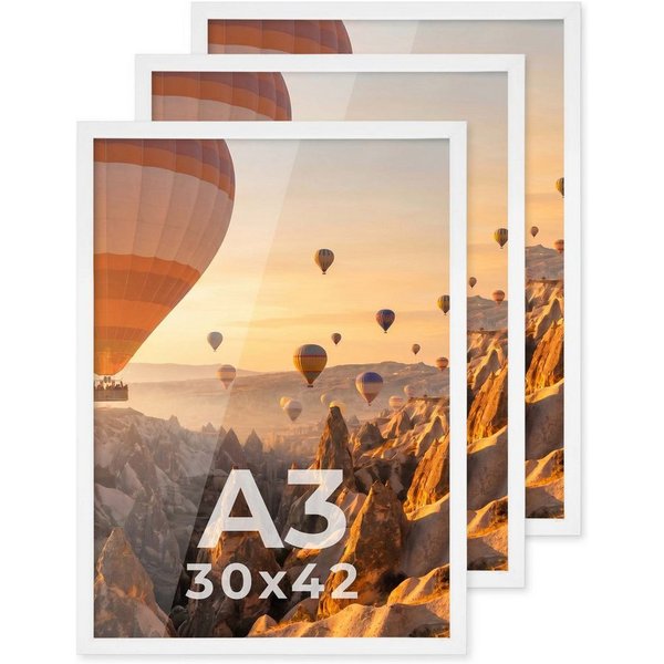 PHOTOLINI Bilderrahmen 3er Set modern mit bruchsicherem Acrylglas, Holz MDF, Fotos & Poster, für 3 Bilder (3er Set), Posterrahmen A3 30x42 cm zum Aufhängen