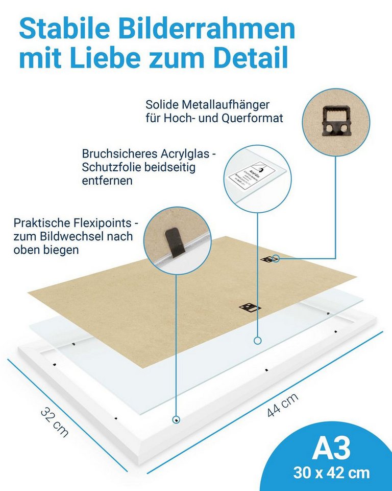 PHOTOLINI Bilderrahmen 3er Set modern mit bruchsicherem Acrylglas, Holz MDF, Fotos & Poster, für 3 Bilder (3er Set), Posterrahmen A3 30x42 cm zum Aufhängen – Bild 3 von 5