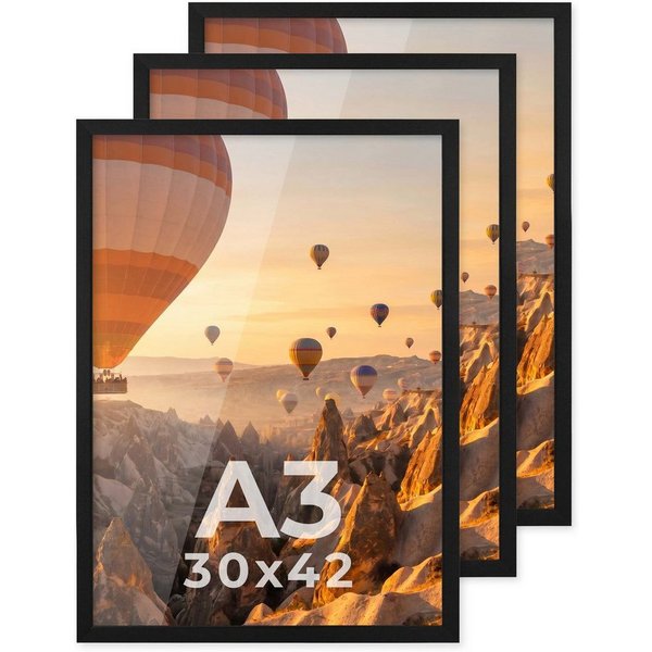 PHOTOLINI Bilderrahmen 3er Set modern mit bruchsicherem Acrylglas, Holz MDF, Fotos & Poster, für 3 Bilder (3er Set), Posterrahmen A3 30x42 cm zum Aufhängen