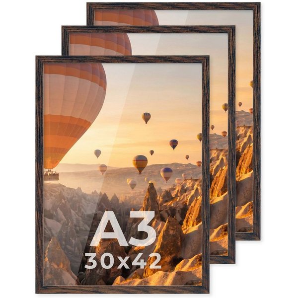 PHOTOLINI Bilderrahmen 3er Set modern mit bruchsicherem Acrylglas, Holz MDF, Fotos & Poster, für 3 Bilder (3er Set), Posterrahmen A3 30x42 cm zum Aufhängen