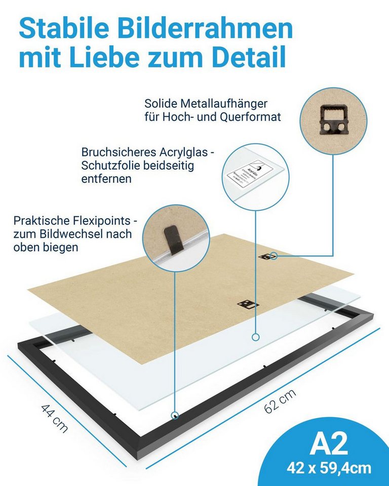 PHOTOLINI Bilderrahmen 3er Set modern mit bruchsicherem Acrylglas, Holz MDF, Fotos & Poster, für 3 Bilder (3er Set), Posterrahmen A2 42x60 cm zum Aufhängen – Bild 3 von 5