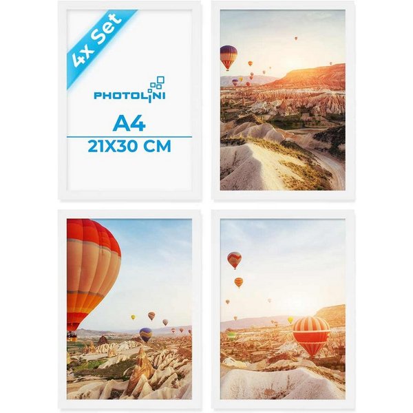 PHOTOLINI Bilderrahmen 4er Set 21x30 cm / DIN A4 Poster-Rahmen, zum Aufhängen & Aufstellen, für 4 Bilder (4er Set), MDF Holz, bruchsicheres Acrylglas & Zubehör,
