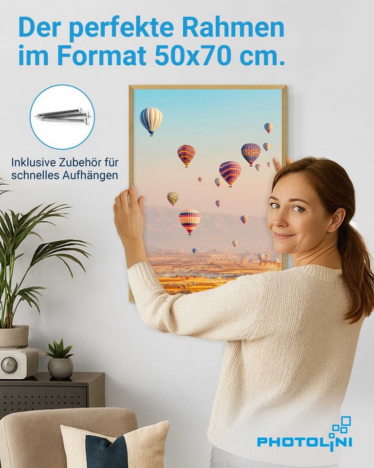 PHOTOLINI Bilderrahmen modern mit bruchsicherem Acrylglas, Holz MDF für Fotos & Poster, für 1 Bilder (1 Einzelrahmen), Posterrahmen 50x70 cm zum Aufhängen – Bild 2 von 5