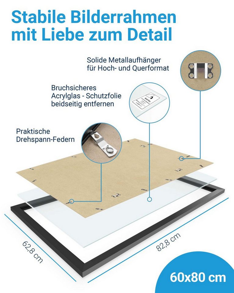 PHOTOLINI Bilderrahmen modern mit bruchsicherem Acrylglas, Holz MDF für Fotos & Poster, für 1 Bilder (1 Einzelrahmen), Posterrahmen groß 60x80 cm zum Aufhängen – Bild 3 von 5