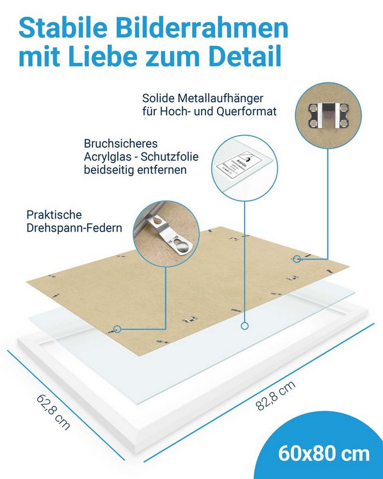 PHOTOLINI Bilderrahmen modern mit bruchsicherem Acrylglas, Holz MDF für Fotos & Poster, für 1 Bilder (1 Einzelrahmen), Posterrahmen groß 60x80 cm zum Aufhängen – Bild 3 von 5