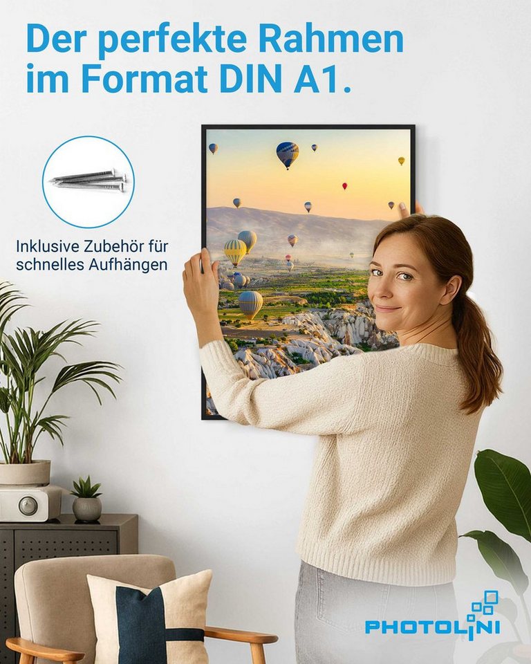 PHOTOLINI Bilderrahmen modern mit bruchsicherem Acrylglas, Holz MDF für Fotos & Poster, für 1 Bilder (1 Einzelrahmen), Posterrahmen groß A1 59,9x84,1 cm zum Auf – Bild 2 von 5