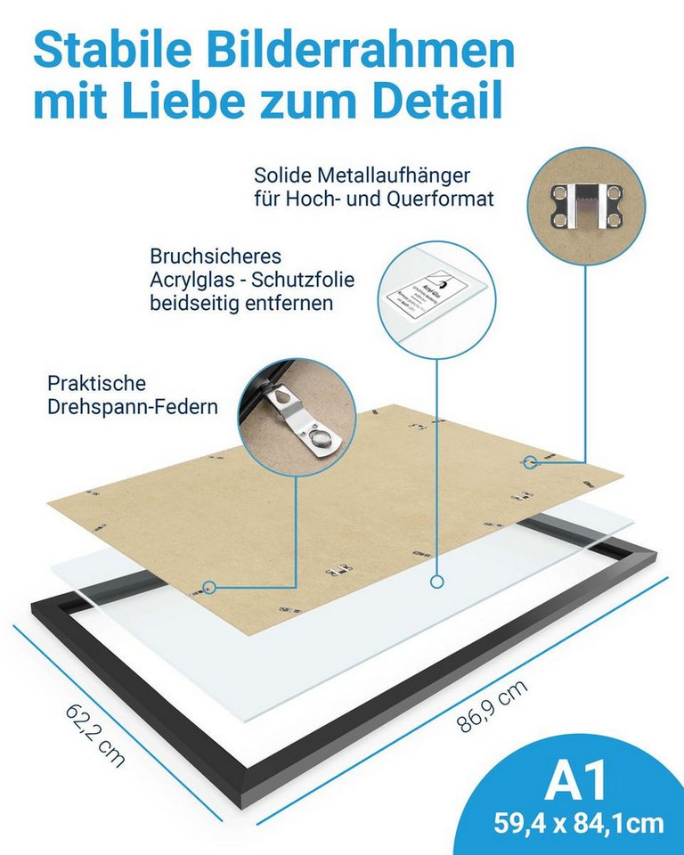 PHOTOLINI Bilderrahmen modern mit bruchsicherem Acrylglas, Holz MDF für Fotos & Poster, für 1 Bilder (1 Einzelrahmen), Posterrahmen groß A1 59,9x84,1 cm zum Auf – Bild 3 von 5