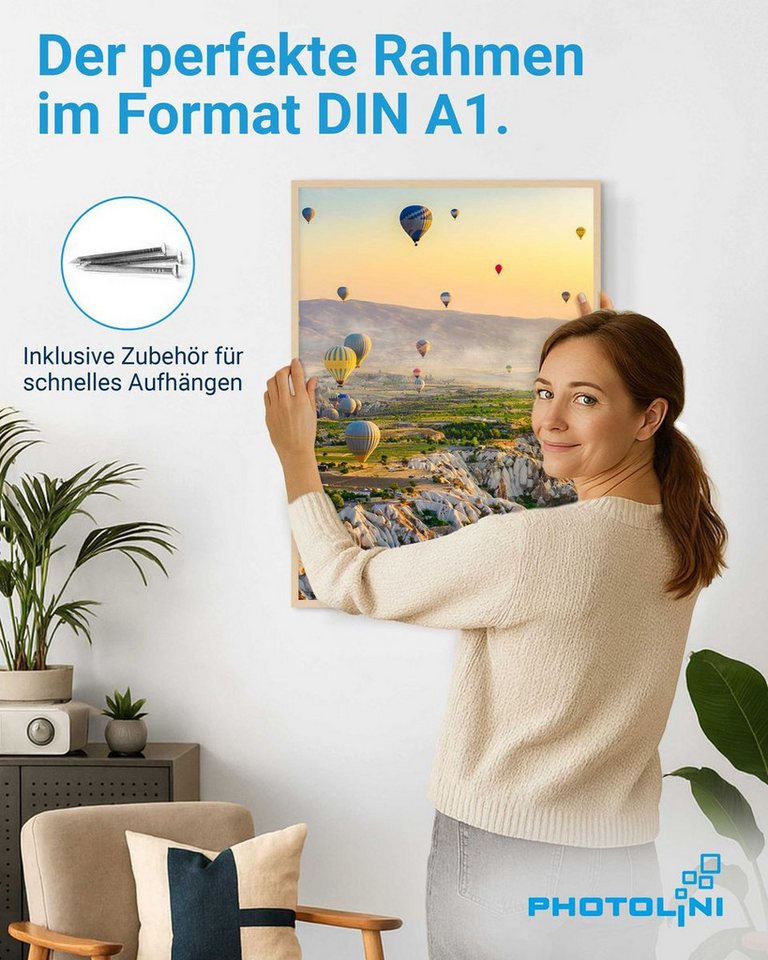 PHOTOLINI Bilderrahmen modern mit bruchsicherem Acrylglas, Holz MDF für Fotos & Poster, für 1 Bilder (1 Einzelrahmen), Posterrahmen groß A1 59,9x84,1 cm zum Auf – Bild 2 von 5