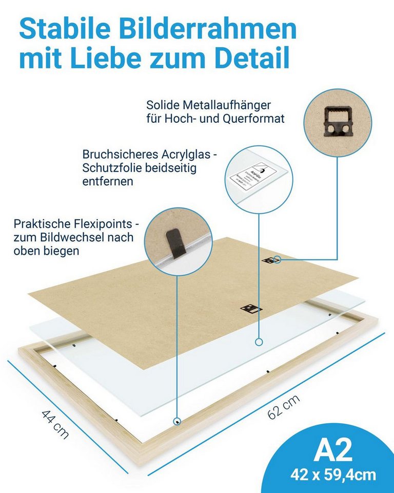 PHOTOLINI Bilderrahmen modern mit bruchsicherem Acrylglas, Holz MDF für Fotos & Poster, für 1 Bilder (1 Einzelrahmen), Posterrahmen A2 42x60 cm zum Aufhängen – Bild 3 von 5