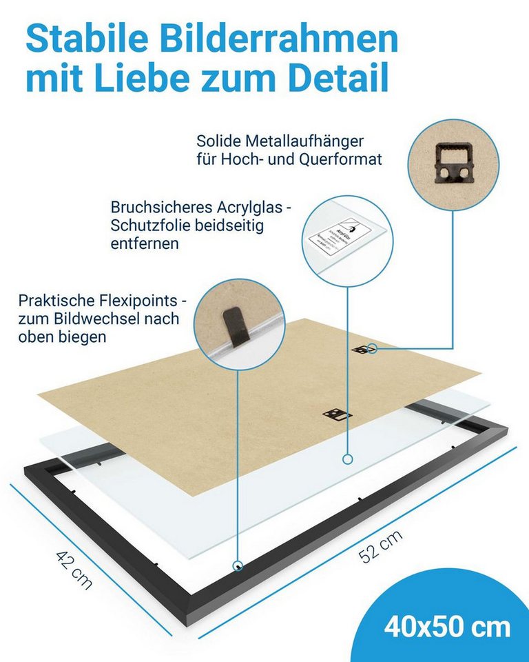 PHOTOLINI Bilderrahmen modern mit bruchsicherem Acrylglas, Holz MDF für Fotos & Poster, für 1 Bilder (1 Einzelrahmen), Posterrahmen 40x50 cm zum Aufhängen – Bild 3 von 5