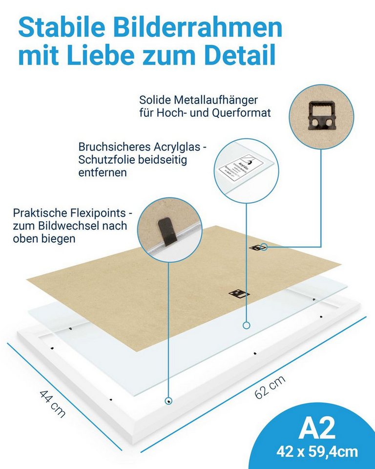 PHOTOLINI Bilderrahmen modern mit bruchsicherem Acrylglas, Holz MDF für Fotos & Poster, für 1 Bilder (1 Einzelrahmen), Posterrahmen A2 42x60 cm zum Aufhängen – Bild 3 von 5