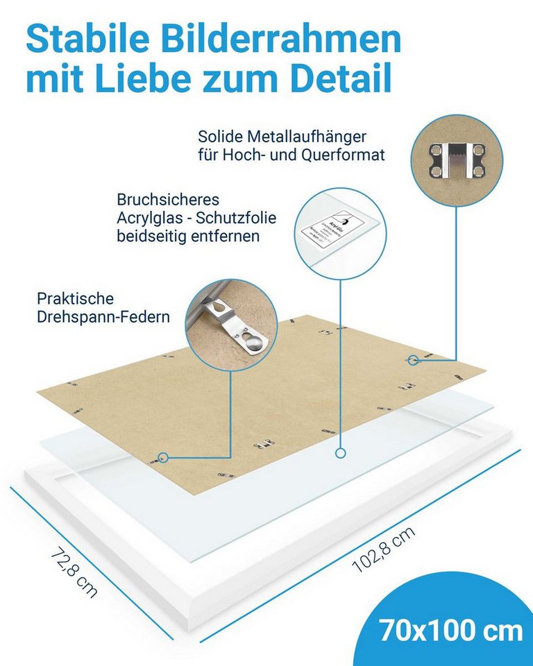PHOTOLINI Bilderrahmen modern mit bruchsicherem Acrylglas, Holz MDF für Fotos & Poster, für 1 Bilder (1 Einzelrahmen), Posterrahmen XL 70x100 cm zum Aufhängen – Bild 3 von 5