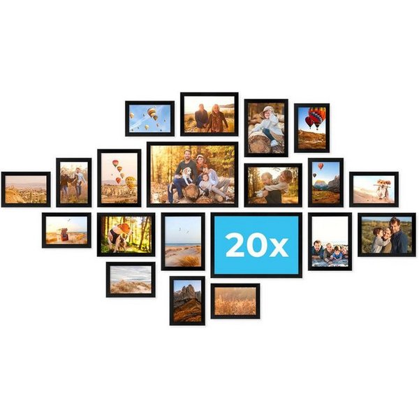 PHOTOLINI Bilderrahmen Sets in verschiedenen Formaten, MDF Holz, Acrylglas & Zubehör, für 20 Bilder (20er Set), Posterrahmen 20er Set No.1 zum Aufhängen oder Au