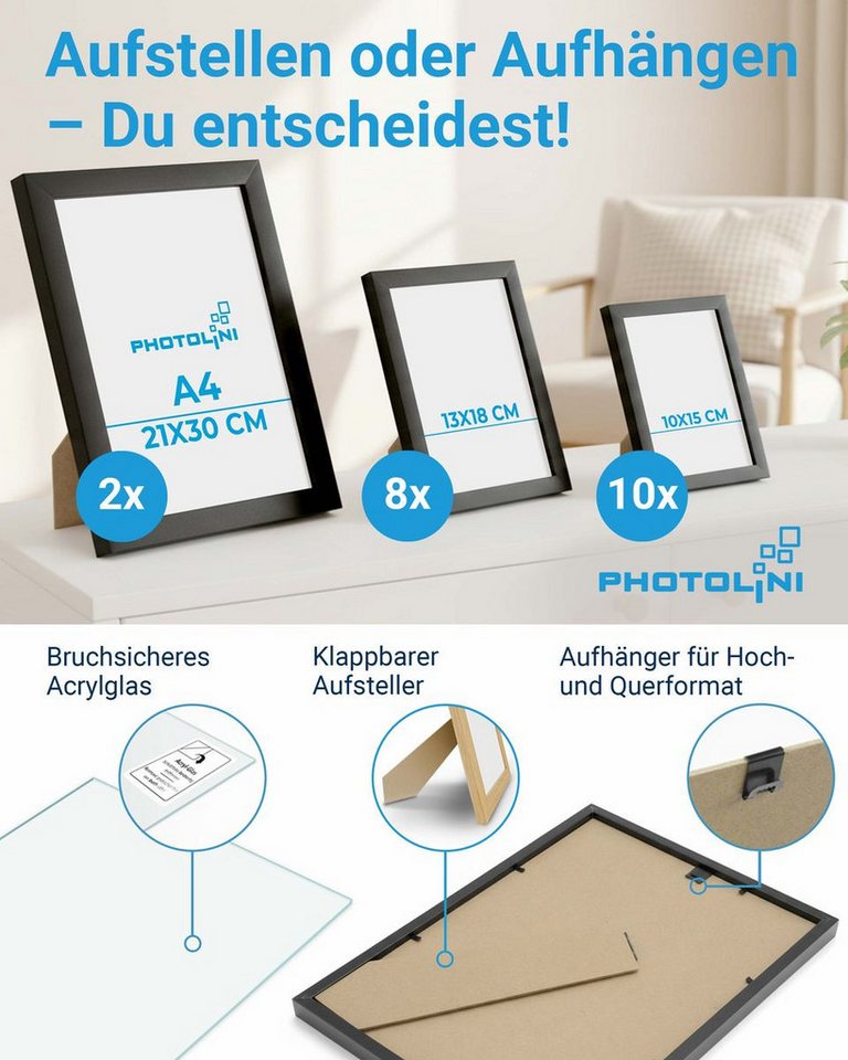 PHOTOLINI Bilderrahmen Sets in verschiedenen Formaten, MDF Holz, Acrylglas & Zubehör, für 20 Bilder (20er Set), Posterrahmen 20er Set No.1 zum Aufhängen oder Au – Bild 3 von 5
