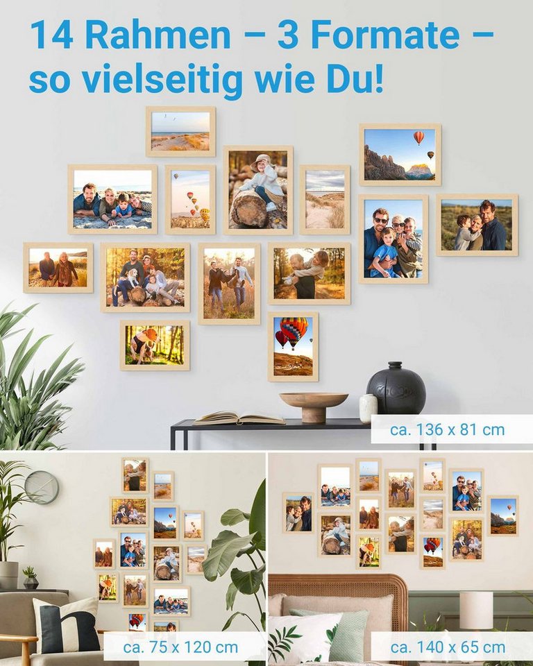 PHOTOLINI Bilderrahmen Sets in verschiedenen Formaten, MDF Holz, Acrylglas & Zubehör, für 14 Bilder (14er Set), Posterrahmen 14er Set No.2 zum Aufhängen oder Au – Bild 2 von 5