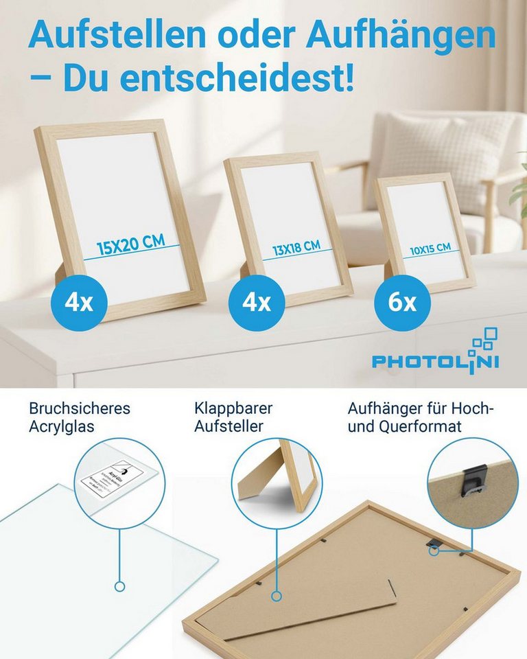 PHOTOLINI Bilderrahmen Sets in verschiedenen Formaten, MDF Holz, Acrylglas & Zubehör, für 14 Bilder (14er Set), Posterrahmen 14er Set No.2 zum Aufhängen oder Au – Bild 3 von 5