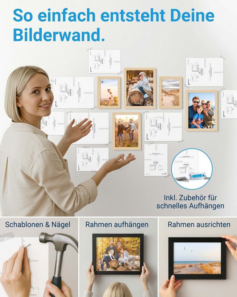 PHOTOLINI Bilderrahmen Sets in verschiedenen Formaten, MDF Holz, Acrylglas & Zubehör, für 14 Bilder (14er Set), Posterrahmen 14er Set No.2 zum Aufhängen oder Au – Bild 5 von 5